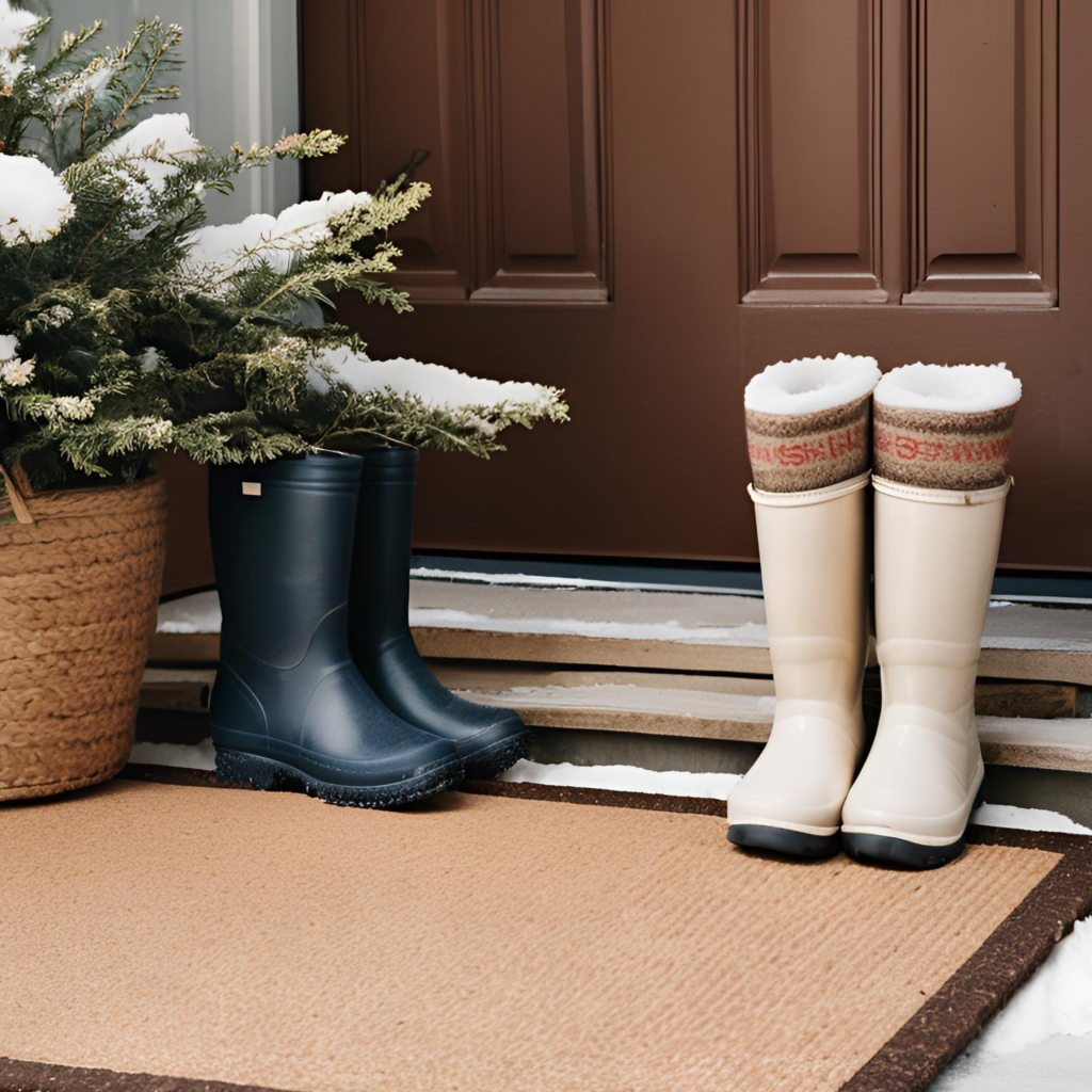 Two pairs of winter boots outside a snowy entryway