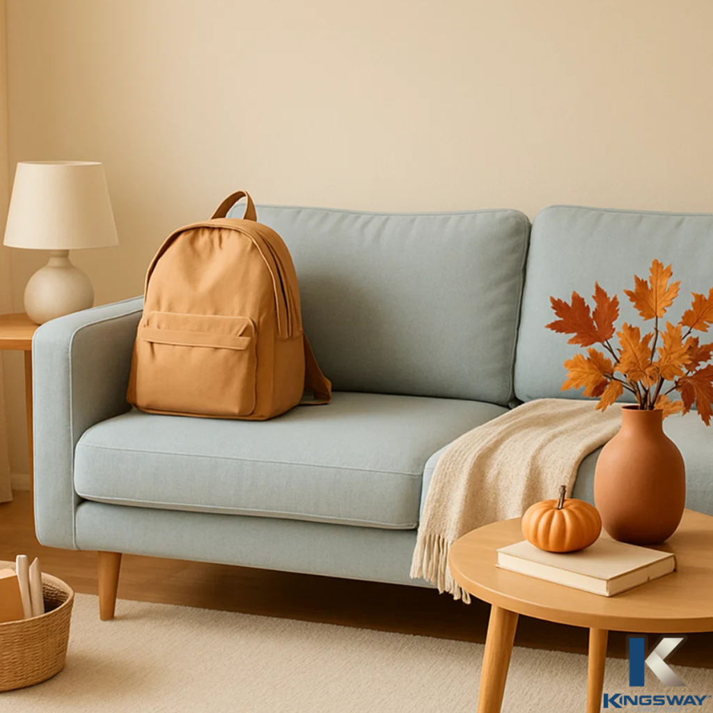 Clean sofa with a folded throw and backpack for fall.